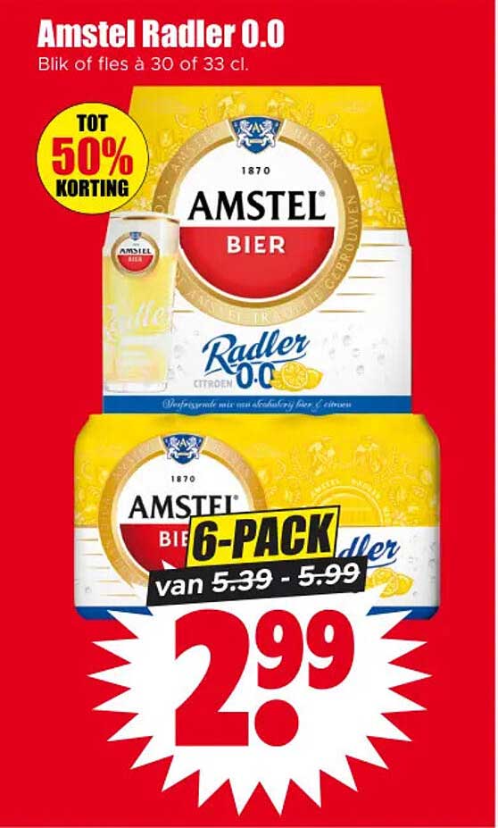 Amstel Radler 0.0 Blik of fles à 30 of 33 cl. 6-pack van 5.39 - 5.99