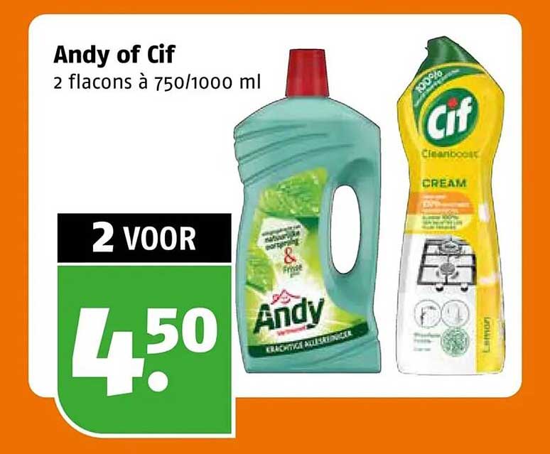 Andy of Cif 2 flacons à 750/1000 ml 2 voor 4.50