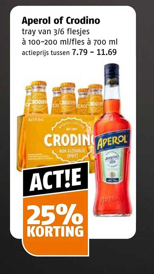Aperol of Crodino tray van 3/6 flesjes à 100-200 ml/fles à 700 ml ACT!E 25% KORTING