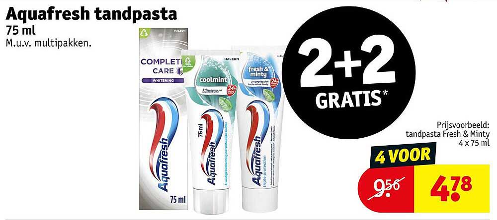 Aquafresh tandpasta 75 ml 2+2 GRATIS*