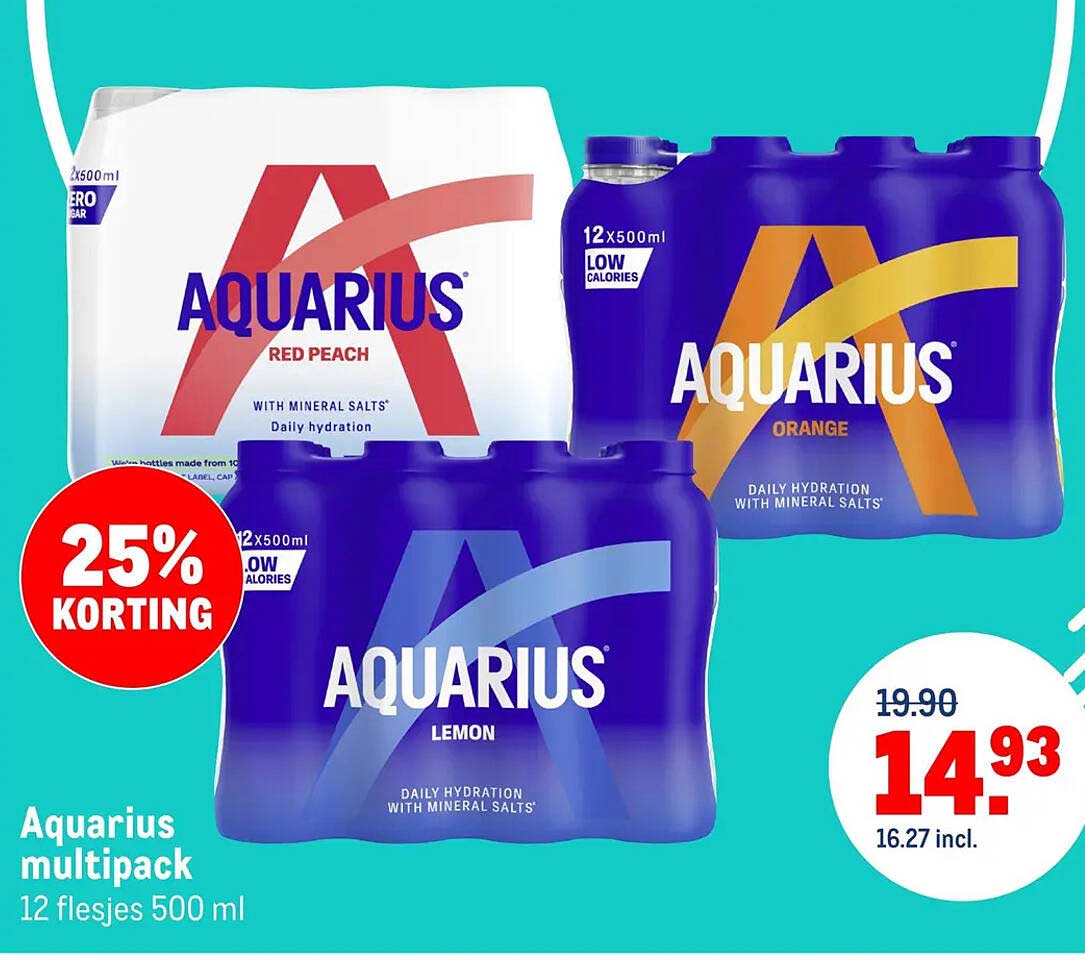 Aquarius multipack 12 flesjes 500 ml 25% korting