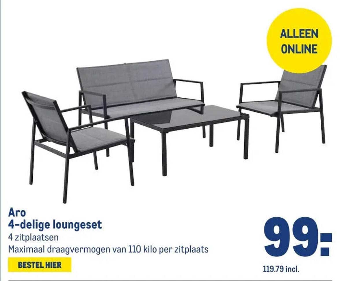 Aro 4-delige loungeset 4 zitplaatsen Maximale draagvermogen van 110 kilo per zitplaats