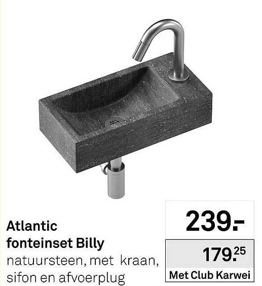 Atlantic fonteineset Billy natuursteen, met kraan, sifon en afvoerplug