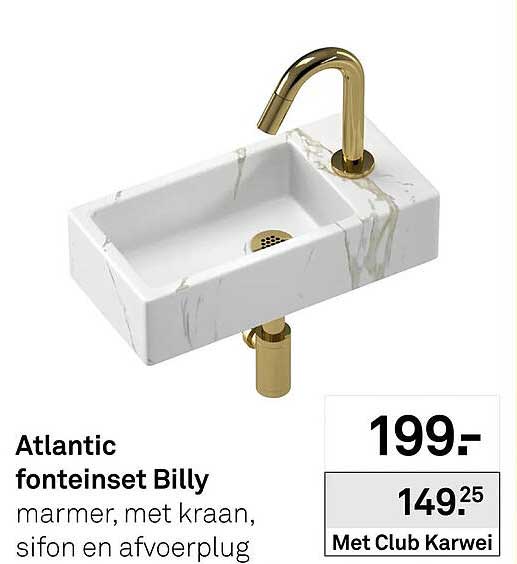 Atlantic fonteinset Billy marmer, met kraan, sifon en afvoerplug