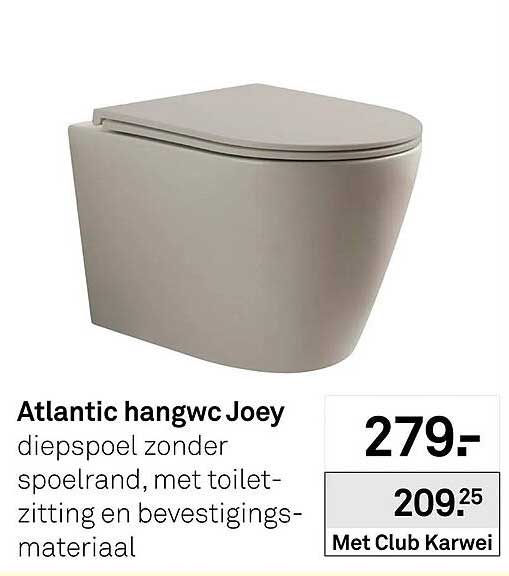 Atlantic hangwc Joey diepspoel zonder spoelrand, met toilet-zitting en bevestigings-materiaal