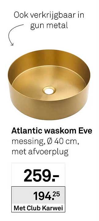 Atlantic waskom Eve messing, Ø 40 cm, met afvoerplug