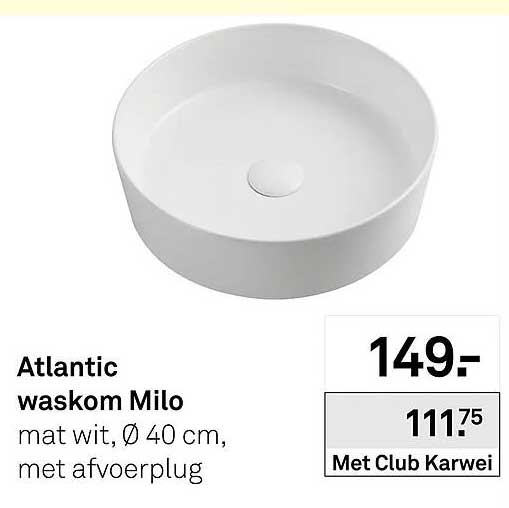Atlantic waskom Milo mat wit, Ø 40 cm, met afvoerplug