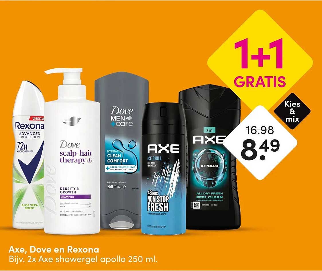 Axe, Dove en Rexona 1+1 GRATIS