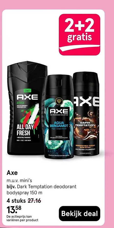 Axe m.u.v. mini’s bijv. Dark Temptation deodorant bodyspray 150 m 2+2 gratis