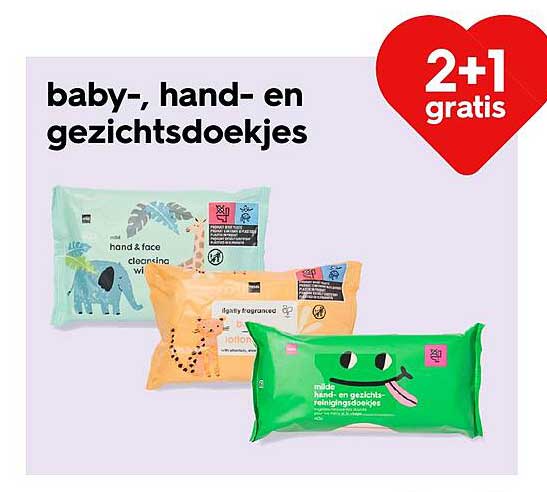 baby-, hand- en gezichtsdoekjes 2+1 gratis