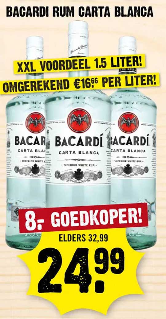 BACARDI RUM CARTA BLANCA XXL VOORDEEL 1,5 LITER! Omgerekend €16,66 per liter! 8.- GOEDKOPER!