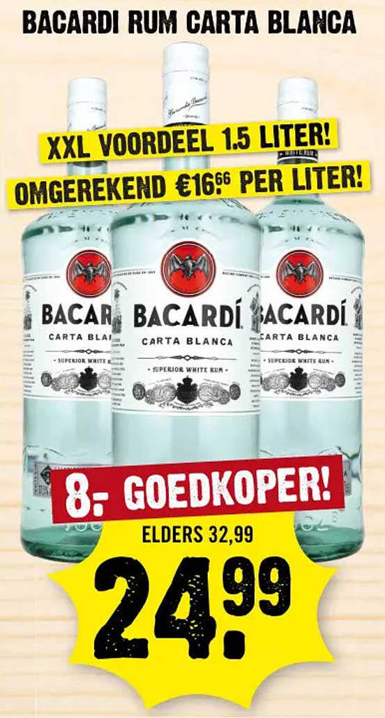 BACARDI RUM CARTA BLANCA XXL VOORDEEL 1.5 LITER! OMGEREKEND €16,66 PER LITER! 8,- GOEDKOPER!