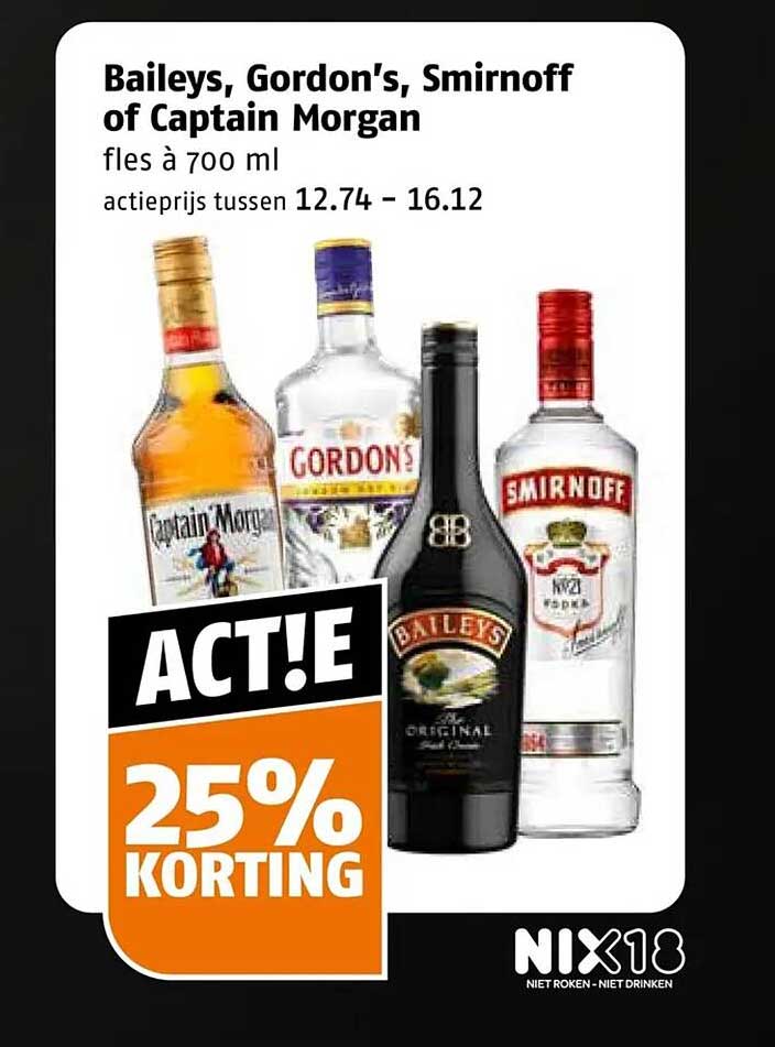Baileys, Gordon's, Smirnoff of Captain Morgan 25% KORTING