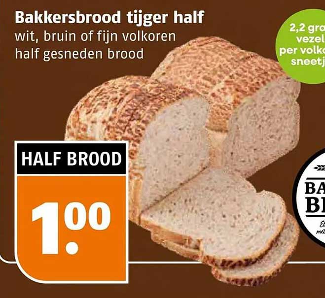 Bakkersbrood tijger half wit, bruin of fijn volkoren half gesneden brood HALF BROOD