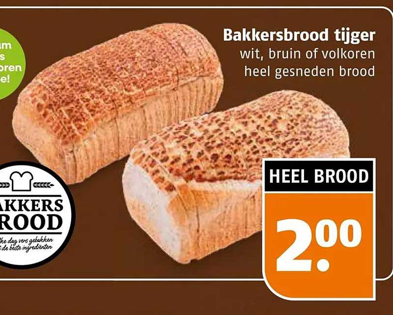 Bakkersbrood tijger wit, bruin of volkoren heel gesneden brood