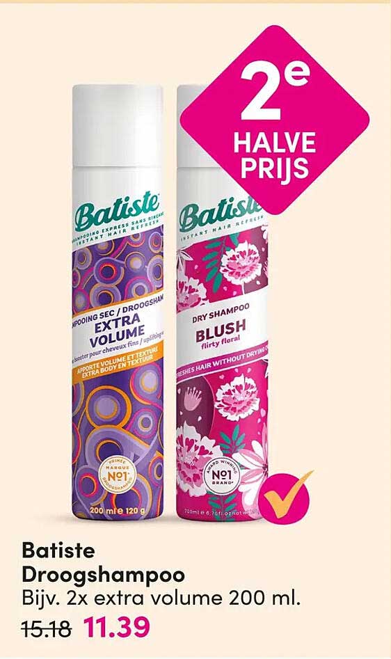 Batiste Droogshampoo Bijv. 2x extra volume 200 ml. 2e halve prijs
