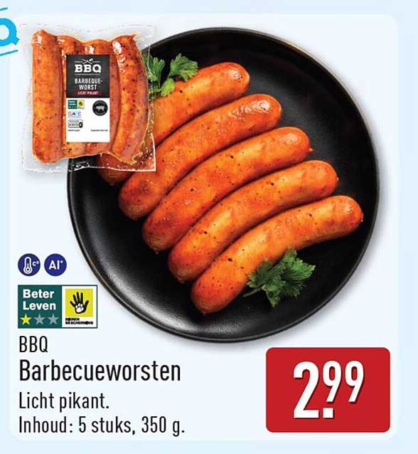 BBQ Barbecueworsten Licht pikant. Inhoud: 5 stuks, 350 g.
