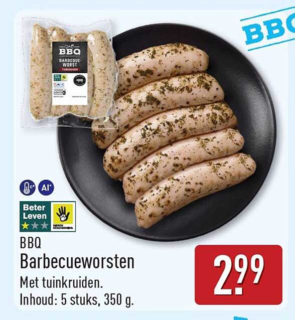 BBQ Barbecueworsten Met tuinkruiden. Inhoud: 5 stuks, 350 g.