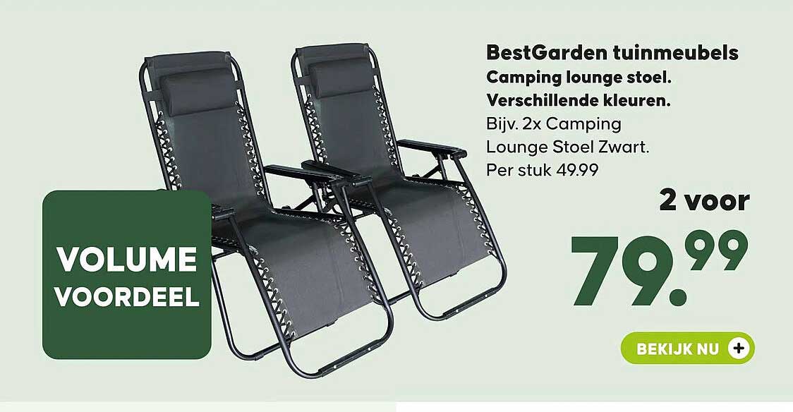 BestGarden tuinmeubels Camping lounge stoel. Verschillende kleuren. 2 voor 79.99