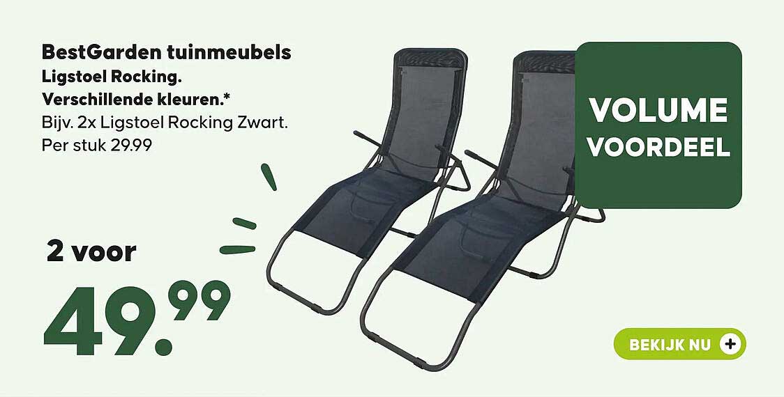 BestGarden tuinmeubels Ligstoel Rocking. Verschillende kleuren.* Bijv. 2x Ligstoel Rocking Zwart. Per stuk 29.99 Volume voordeel