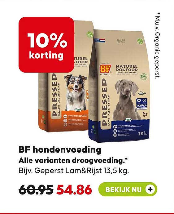 BF hondenvoeding Alle varianten droogvoeding.* Bijv. Geperst Lam&Rijst 13,5 kg. 10% korting