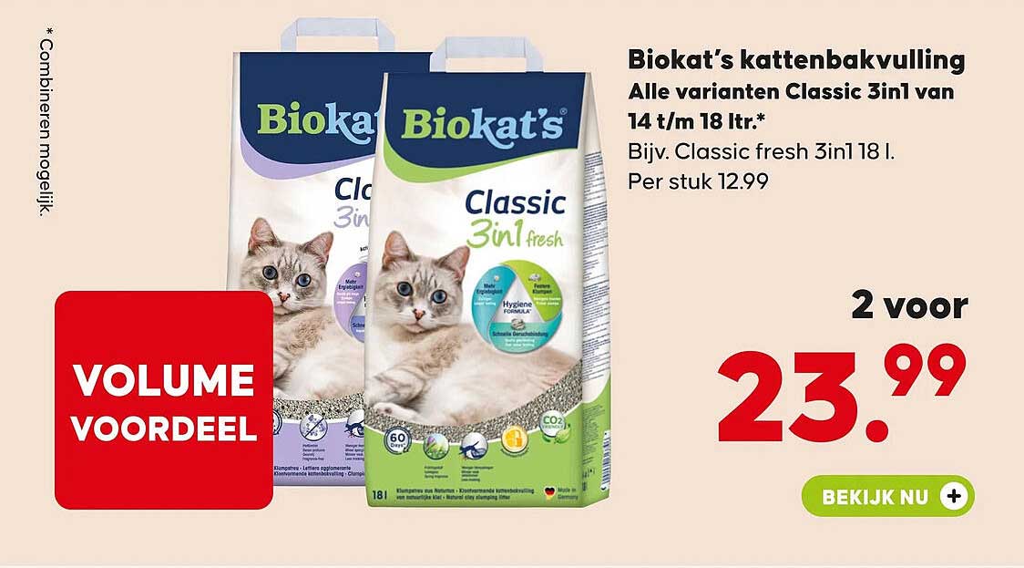 Biokat’s kattenbakvulling Alle varianten Classic 3in1 van 14 t/m 18 ltr.* Volum voordeel