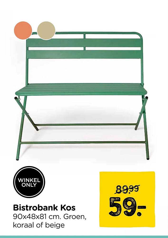Bistrobank Kos 90x48x81 cm. Groen, koraal of beige