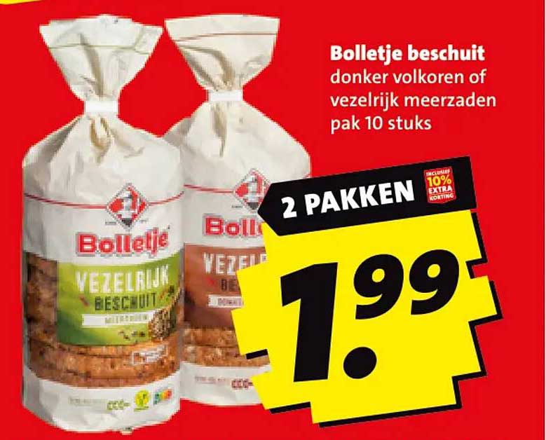 Bolletje beschuit donker volkoren of vezelrijk meerzaden pak 10 stuks 2 pakken