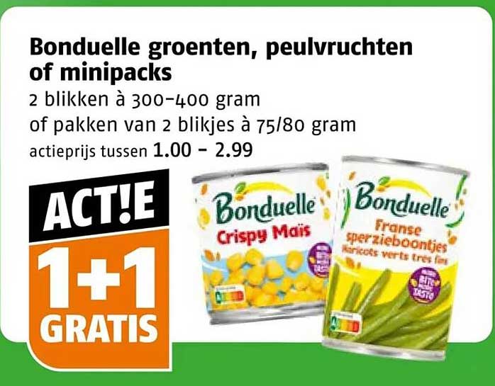 Bonduelle groenten, peulvruchten of minipacks 1+1 gratis