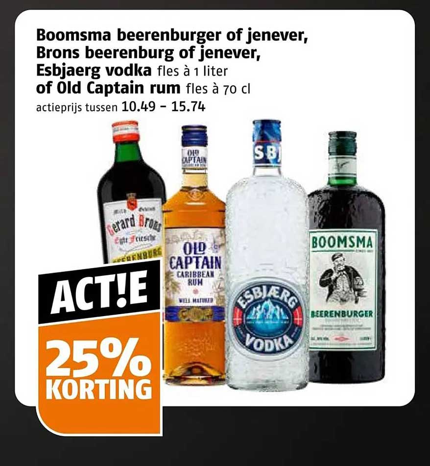Boomsma beerenburger of jenever, Brons beerenburg of jenever, Esbjaerg vodka fles à 1 liter of Old Captain rum fles à 70 cl 25% korting