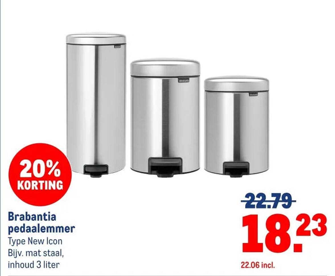 Brabantia pedaalemmer Type New Icon Bijv. mat staal, inhoud 3 liter 20% KORTING