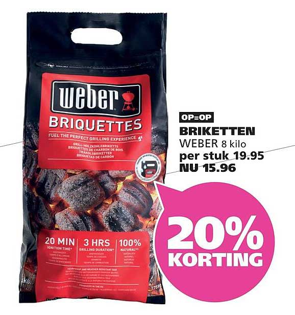 BRIKETTEN WEBER 8 kilo per stuk 19.95 NU 15.96 20% KORTING