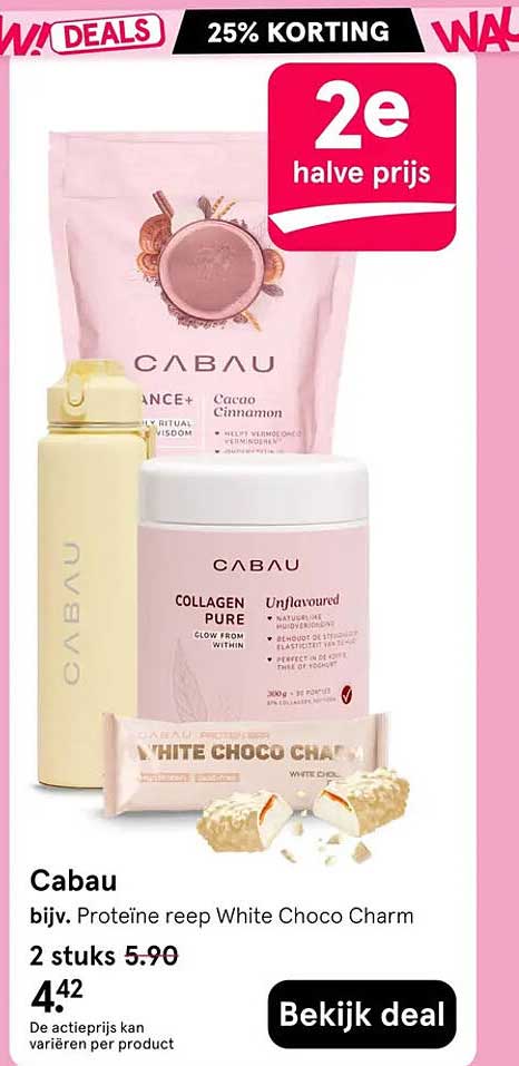 Cabau bijv. Proteïne reep White Choco Charm 2e halve prijs
