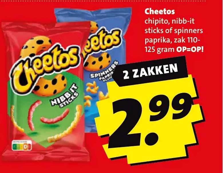 Cheetos chipito, nibb-it sticks of spinners paprika, zak 110-125 gram OP=OP! 2 ZAKKEN