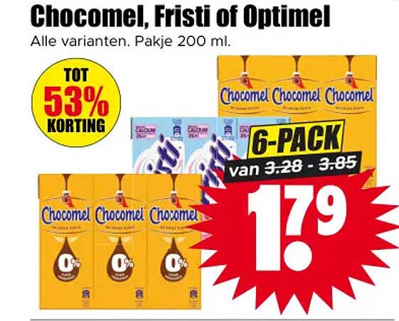 Chocomel, Fristi of Optimel - Alle varianten. Pakje 200 ml. 6-PACK