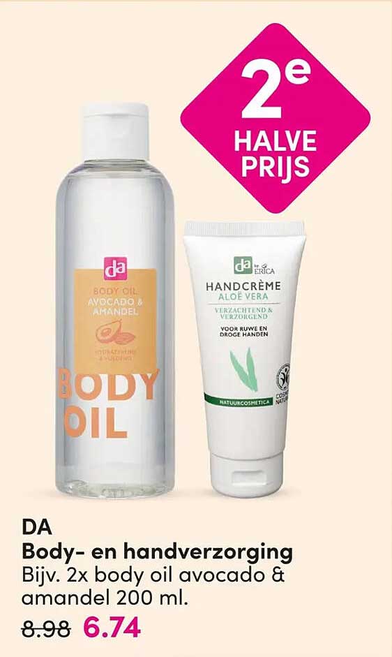 DA Body- en handverzorging Bijv. 2x body oil avocado & amandel 200 ml. 2e halve prijs