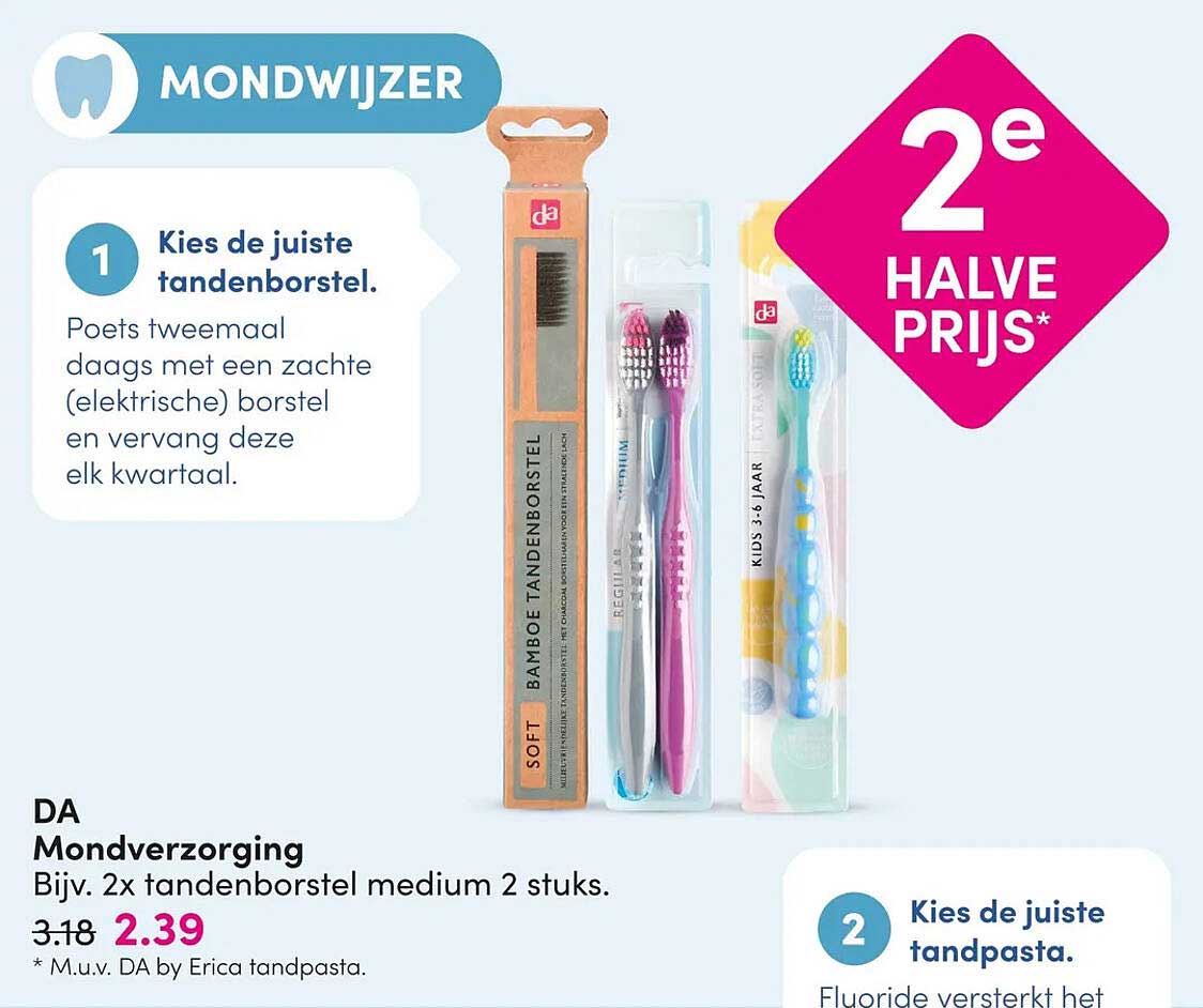 DA Mondverzorging Bijv. 2x tandenborstel medium 2 stuks. 2e halve prijs