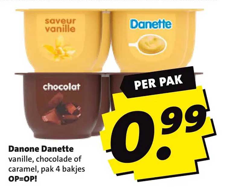 Danone Danette vanille, chocolade of caramel, pak 4 bakjes OP=OP!