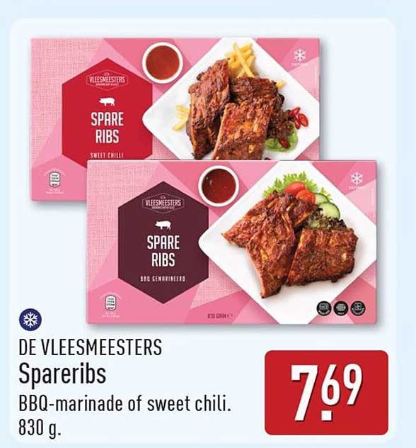 DE VLEESMEESTERS Spareribs BBQ-marinade of sweet chili. 830 g.