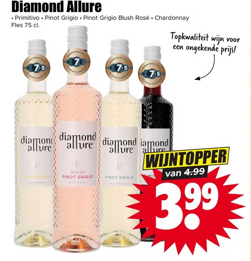 Diamond Allure - Primitivo • Pinot Grigio • Pinot Grigio Blush Rosé • Chardonnay, Fles 75 cl. Wintopper