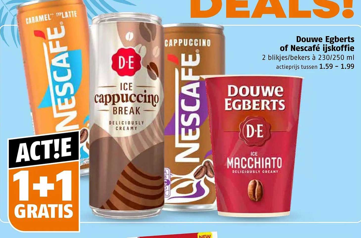 Douwe Egberts of Nescafé ijskoffie 2 blikjes/bekers à 230/250 ml ACT!E 1+1 GRATIS