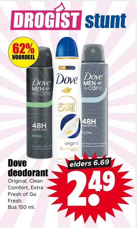 Dove deodorant Original, Clean Comfort, Extra Fresh of Go Fresh. Bus 150 ml. 62% voordeel