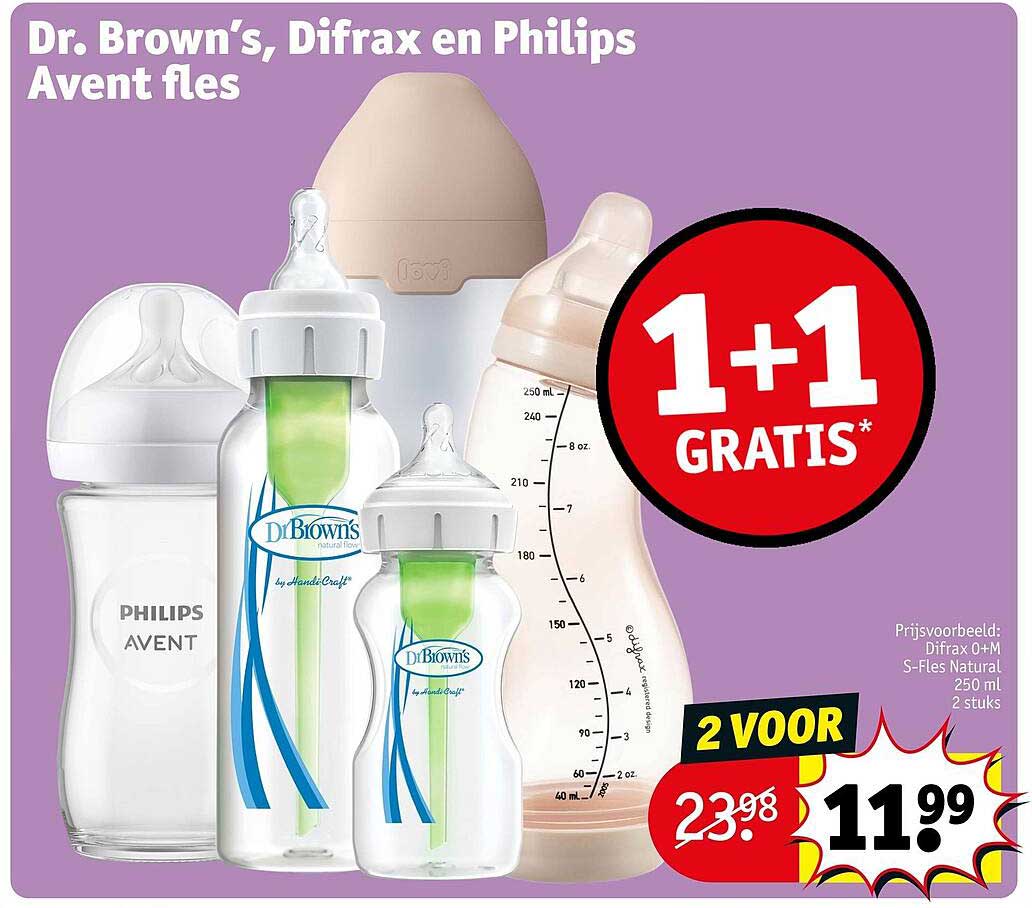 Dr. Brown’s, Difrax en Philips Avent fles 1+1 GRATIS