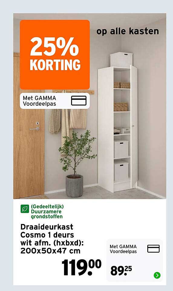 Draaideurkast Cosmo 1 deurs wit afm. (hxbxd): 200x50x47 cm 25% KORTING