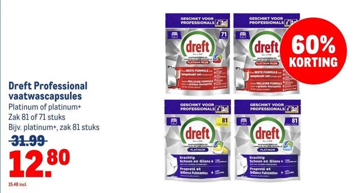 Dreft Professional vaatwascapsules Platinum of platinum+ Zak 81 of 71 stuks