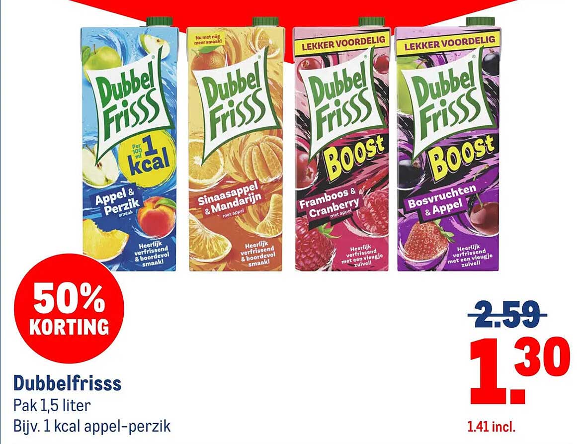 Dubbelfrisss Pak 1,5 liter Bijv. 1 kcal appel-perzik 50% KORTING