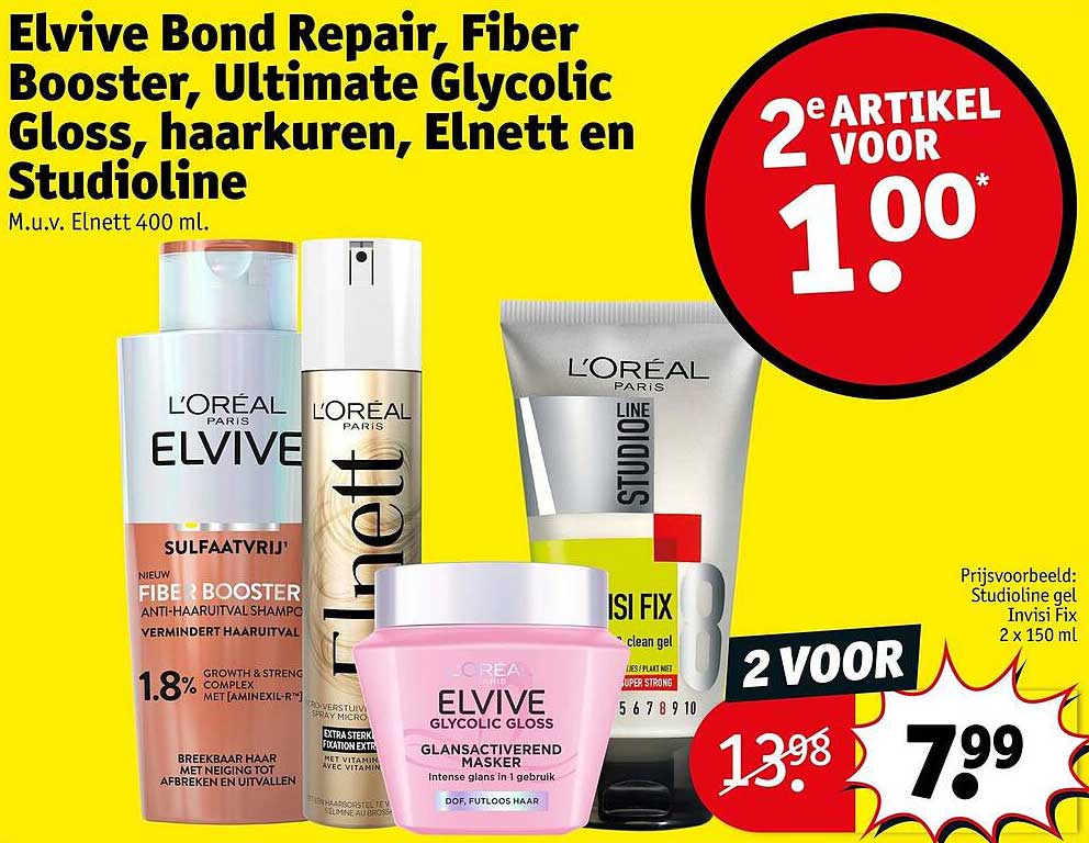 Elvive Bond Repair, Fiber Booster, Ultimate Glycolic Gloss, haarkuren, Elnett en Studioline 2e artikel voor 1.00