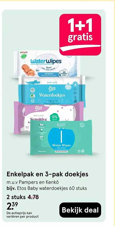 Enkelpak en 3-pak doekjes 1+1 gratis