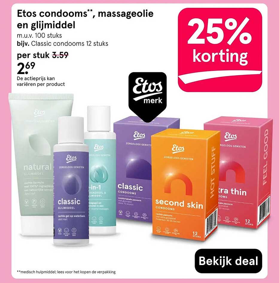 Etos condooms**, massageolie en glijmiddel 25% korting