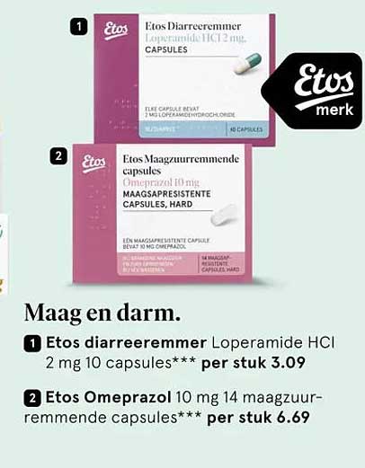 Etos diarreeremmer Loperamide HCl 2 mg 10 capsules*** per stuk